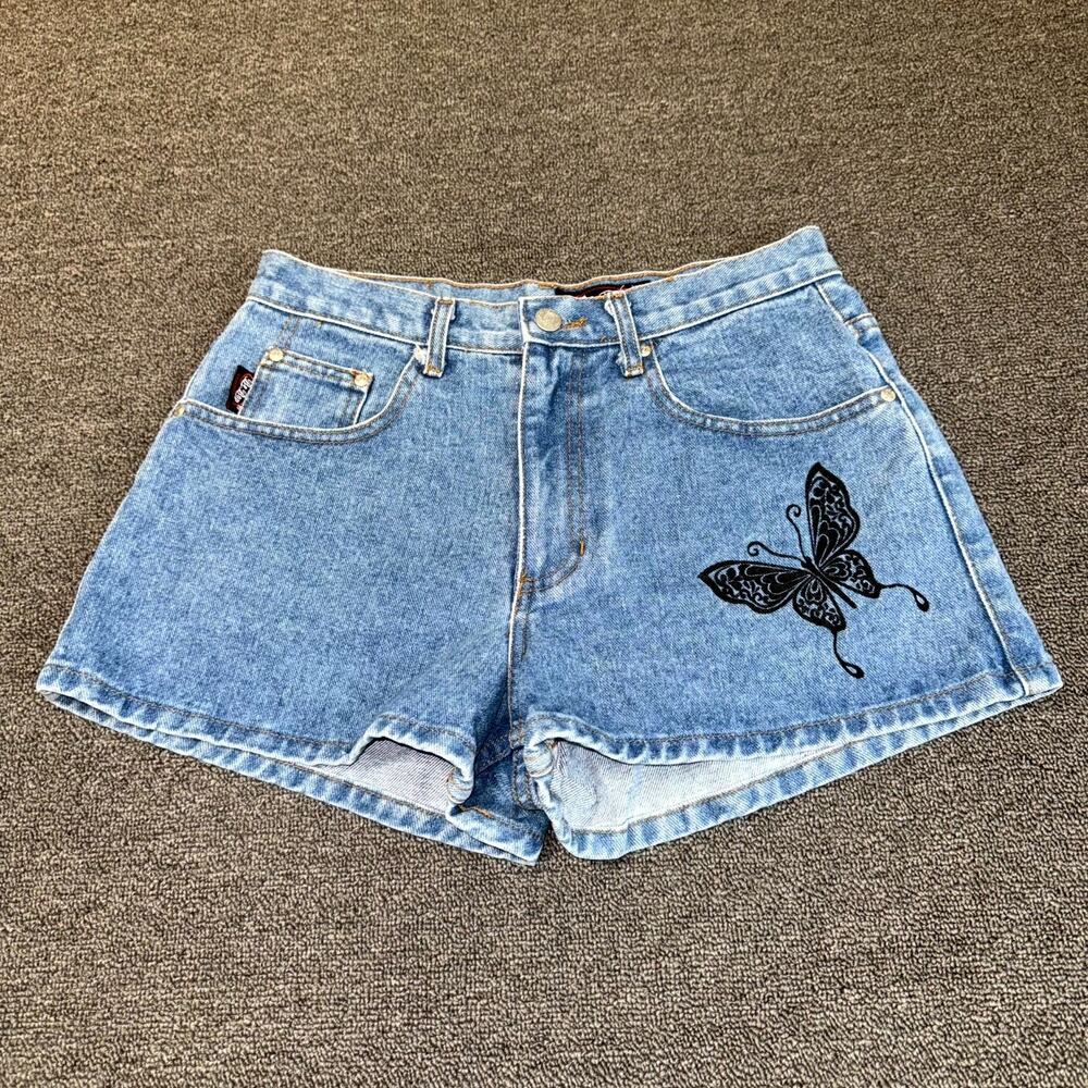 Vintage 90s Be Bop Denim Shorts Womens 9 Blue Light Wash Butterfly Design Summer